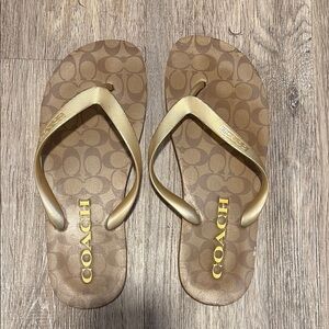 Coach Women's Gold and Brown Flip Flops